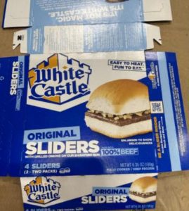 Image is packaging for White Castle Original Sliders showing White Castle logo and an image of one of their burgers with bun.
