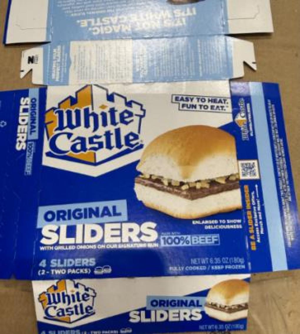 Image is packaging for White Castle Original Sliders showing White Castle logo and an image of one of their burgers with bun.