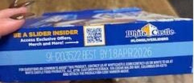 Image of White Castle Original Sliders package showing the best by date of April 18, 2026.