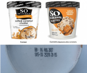 Image shows two So Delicious fat free Ice cream containers and the bottom of a container with the best by date.