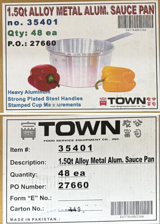 The image is a label for product alloy metal aluminum sauce pan and shows an image of the pan. It is item number 35401.