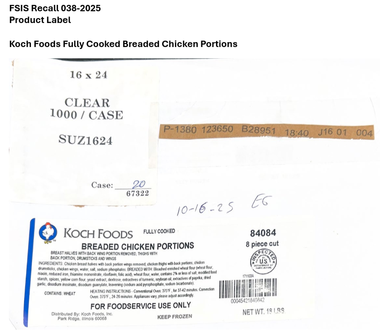 The image shows the label for Koch Foods Breaded Chicken Portions with ingredients.