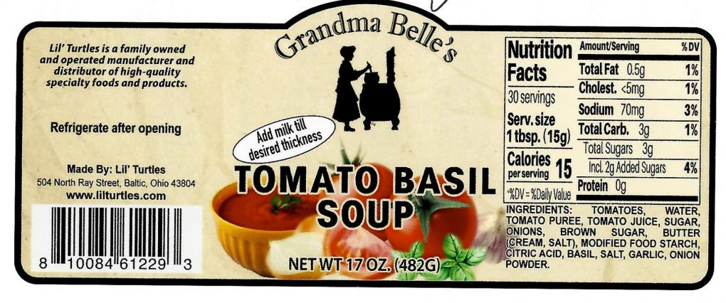 Image of the label of Grandma Belle's Tomato Basil Soup showing the company logo, a bowl of soup with tomatos, onions, and basil beside it and the nutrition facts beside that.