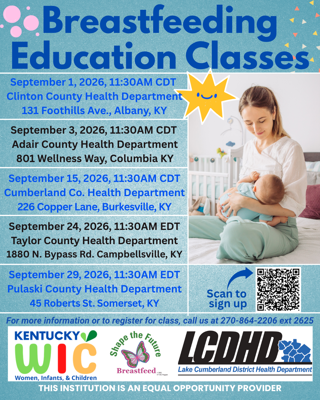 This image shows the schedule for breastfeeding education classes in September 2026 in Lake Cumberland District. Classes are September 1 in Clinton County, September 3 in Adair County, September 15 in Cumberland County, September 24 in Taylor County, and September 29 in Pulaski County.