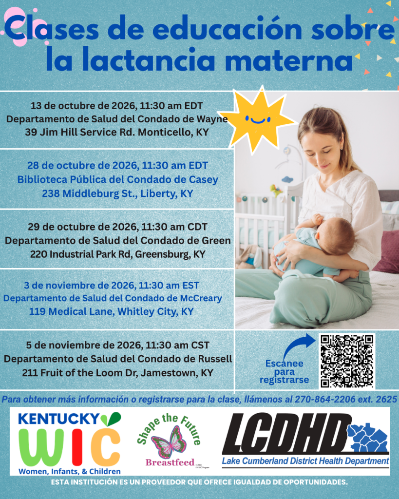 Folleto de las clases de educación sobre lactancia materna del Departamento de Salud del Distrito de Lake Cumberland, con cinco fechas programadas para octubre y noviembre de 2026. A continuación, se detallan el calendario completo y la información para la inscripción.